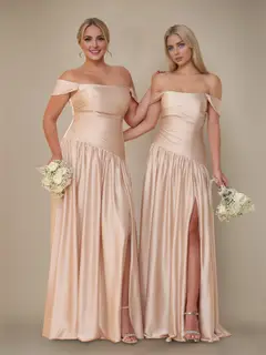 A-Line/Princess Off-the-Shoulder Sleeveless Floor-Length Silk Satin Bridesmaid Dresses with Pleated & Split Side — view 1
