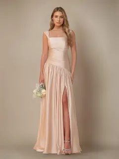 A-Line/Princess Off-the-Shoulder Sleeveless Floor-Length Silk Satin Bridesmaid Dresses with Pleated & Split Side — view 3