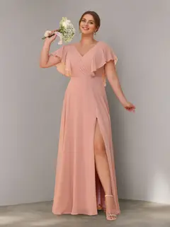 A-Line/Princess V-Neck Short Sleeves Chiffon Floor-Length Plus Size Bridesmaid Dresses with Split Side & Ruched — view 1