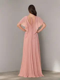 A-Line/Princess V-Neck Short Sleeves Chiffon Floor-Length Plus Size Bridesmaid Dresses with Split Side & Ruched — view 2