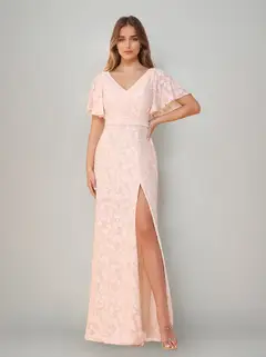 A-Line/Princess V-Neck Short Sleeves Floor-Length Bridesmaid Dresses with Split Side & Ruched — view 1
