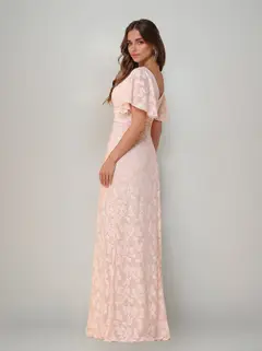 A-Line/Princess V-Neck Short Sleeves Floor-Length Bridesmaid Dresses with Split Side & Ruched — view 3