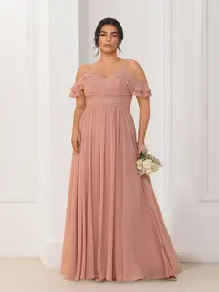 A-Line/Princess V-Neck Spaghetti Straps Sleeveless Floor-Length Chiffon Plus Size Bridesmaid Dresses with Ruffles — view 1