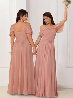 A-Line/Princess V-Neck Spaghetti Straps Sleeveless Floor-Length Chiffon Plus Size Bridesmaid Dresses with Ruffles — view 2