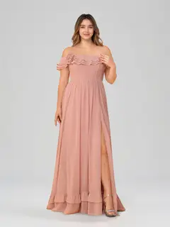 A-Line/Princess Off-the-Shoulder Short Sleeves Floor-Length Plus Size Bridesmaid Dresses with Split Side & Ruched — view 1