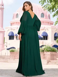 A-Line/Princess V-Neck Long Sleeves Floor-Length Plus Size Bridesmaid Dresses with Ruffles — view 2