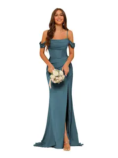 Mermaid/Trumpet Satin Off-the-Shoulder Sleeveless Floor-Length Bridesmaid Dresses — view 29