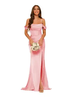 Mermaid/Trumpet Satin Off-the-Shoulder Sleeveless Floor-Length Bridesmaid Dresses — view 30