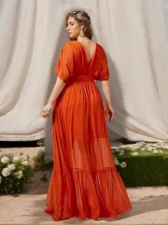 A-Line/Princess Deep V-Neck Half Sleeves Floor-Length Plus Size Bridesmaid Dresses with Ruffles — view 2