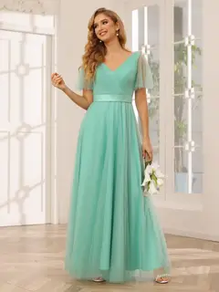 A-Line/Princess V-Neck Short Sleeves Floor-Length Long Bridesmaid Dresses with Lace — view 1