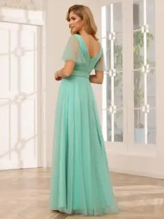 A-Line/Princess V-Neck Short Sleeves Floor-Length Long Bridesmaid Dresses with Lace — view 2