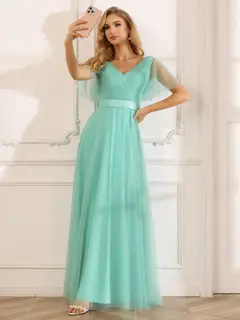 A-Line/Princess V-Neck Short Sleeves Floor-Length Long Bridesmaid Dresses with Lace — view 3