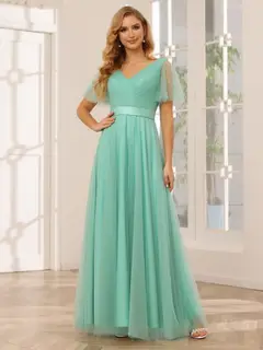 A-Line/Princess V-Neck Short Sleeves Floor-Length Long Bridesmaid Dresses with Lace — view 4