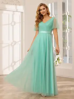 A-Line/Princess V-Neck Short Sleeves Floor-Length Long Bridesmaid Dresses with Lace — view 5