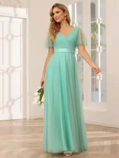 A-Line/Princess V-Neck Short Sleeves Floor-Length Long Bridesmaid Dresses with Lace — view 6