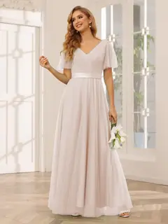 A-Line/Princess V-Neck Short Sleeves Floor-Length Long Bridesmaid Dresses with Lace — view 8