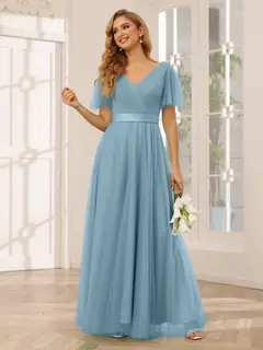 A-Line/Princess V-Neck Short Sleeves Floor-Length Long Bridesmaid Dresses with Lace — view 9