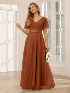 A-Line/Princess V-Neck Short Sleeves Floor-Length Long Bridesmaid Dresses with Lace — view 10