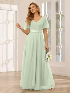 A-Line/Princess V-Neck Short Sleeves Floor-Length Long Bridesmaid Dresses with Lace — view 11