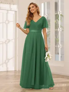 A-Line/Princess V-Neck Short Sleeves Floor-Length Long Bridesmaid Dresses with Lace — view 12
