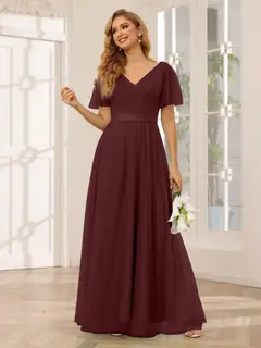 A-Line/Princess V-Neck Short Sleeves Floor-Length Long Bridesmaid Dresses with Lace — view 13