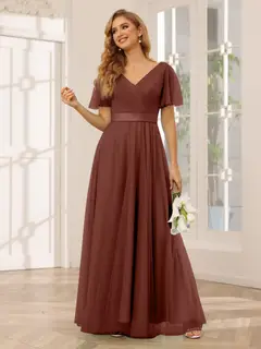 A-Line/Princess V-Neck Short Sleeves Floor-Length Long Bridesmaid Dresses with Lace — view 14