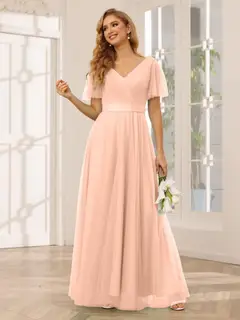 A-Line/Princess V-Neck Short Sleeves Floor-Length Long Bridesmaid Dresses with Lace — view 16