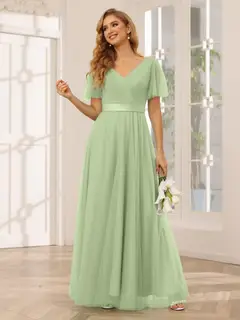 A-Line/Princess V-Neck Short Sleeves Floor-Length Long Bridesmaid Dresses with Lace — view 17