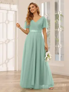 A-Line/Princess V-Neck Short Sleeves Floor-Length Long Bridesmaid Dresses with Lace — view 18