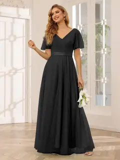 A-Line/Princess V-Neck Short Sleeves Floor-Length Long Bridesmaid Dresses with Lace — view 19