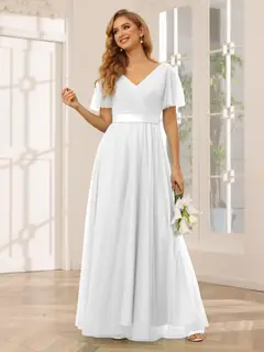 A-Line/Princess V-Neck Short Sleeves Floor-Length Long Bridesmaid Dresses with Lace — view 20