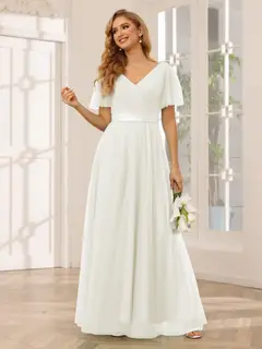 A-Line/Princess V-Neck Short Sleeves Floor-Length Long Bridesmaid Dresses with Lace — view 21