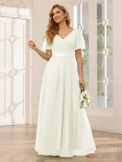 A-Line/Princess V-Neck Short Sleeves Floor-Length Long Bridesmaid Dresses with Lace — view 22