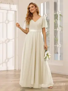A-Line/Princess V-Neck Short Sleeves Floor-Length Long Bridesmaid Dresses with Lace — view 25