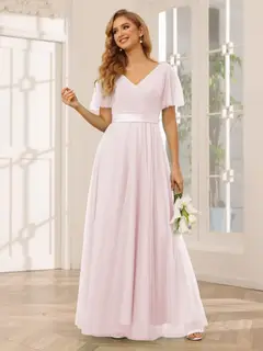 A-Line/Princess V-Neck Short Sleeves Floor-Length Long Bridesmaid Dresses with Lace — view 26