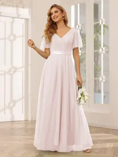 A-Line/Princess V-Neck Short Sleeves Floor-Length Long Bridesmaid Dresses with Lace — view 28