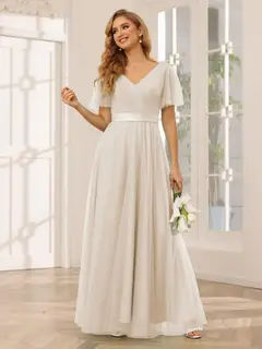 A-Line/Princess V-Neck Short Sleeves Floor-Length Long Bridesmaid Dresses with Lace — view 29