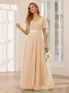 A-Line/Princess V-Neck Short Sleeves Floor-Length Long Bridesmaid Dresses with Lace — view 30