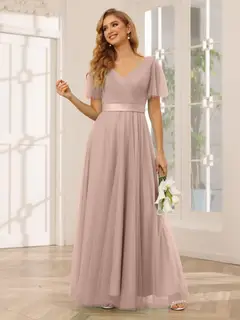 A-Line/Princess V-Neck Short Sleeves Floor-Length Long Bridesmaid Dresses with Lace — view 31