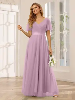 A-Line/Princess V-Neck Short Sleeves Floor-Length Long Bridesmaid Dresses with Lace — view 32