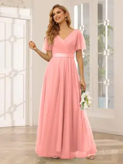 A-Line/Princess V-Neck Short Sleeves Floor-Length Long Bridesmaid Dresses with Lace — view 33