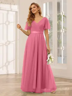 A-Line/Princess V-Neck Short Sleeves Floor-Length Long Bridesmaid Dresses with Lace — view 34