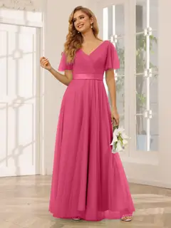 A-Line/Princess V-Neck Short Sleeves Floor-Length Long Bridesmaid Dresses with Lace — view 35