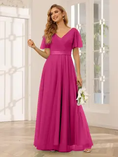 A-Line/Princess V-Neck Short Sleeves Floor-Length Long Bridesmaid Dresses with Lace — view 36