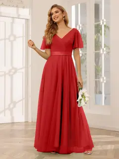 A-Line/Princess V-Neck Short Sleeves Floor-Length Long Bridesmaid Dresses with Lace — view 37