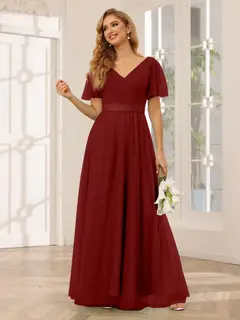 A-Line/Princess V-Neck Short Sleeves Floor-Length Long Bridesmaid Dresses with Lace — view 38