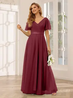 A-Line/Princess V-Neck Short Sleeves Floor-Length Long Bridesmaid Dresses with Lace — view 39