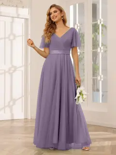 A-Line/Princess V-Neck Short Sleeves Floor-Length Long Bridesmaid Dresses with Lace — view 40