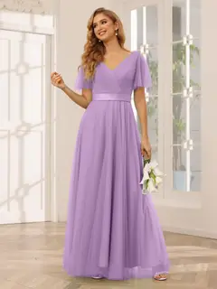 A-Line/Princess V-Neck Short Sleeves Floor-Length Long Bridesmaid Dresses with Lace — view 41