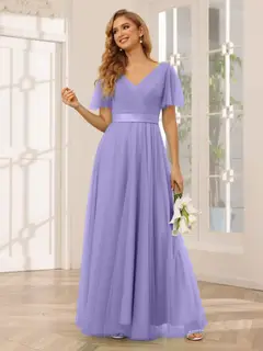 A-Line/Princess V-Neck Short Sleeves Floor-Length Long Bridesmaid Dresses with Lace — view 42